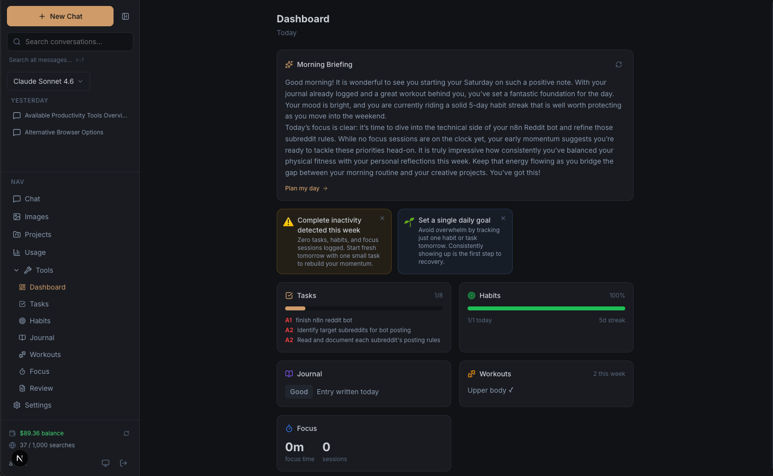 Dashboard with morning briefing, insight cards, and tool widgets