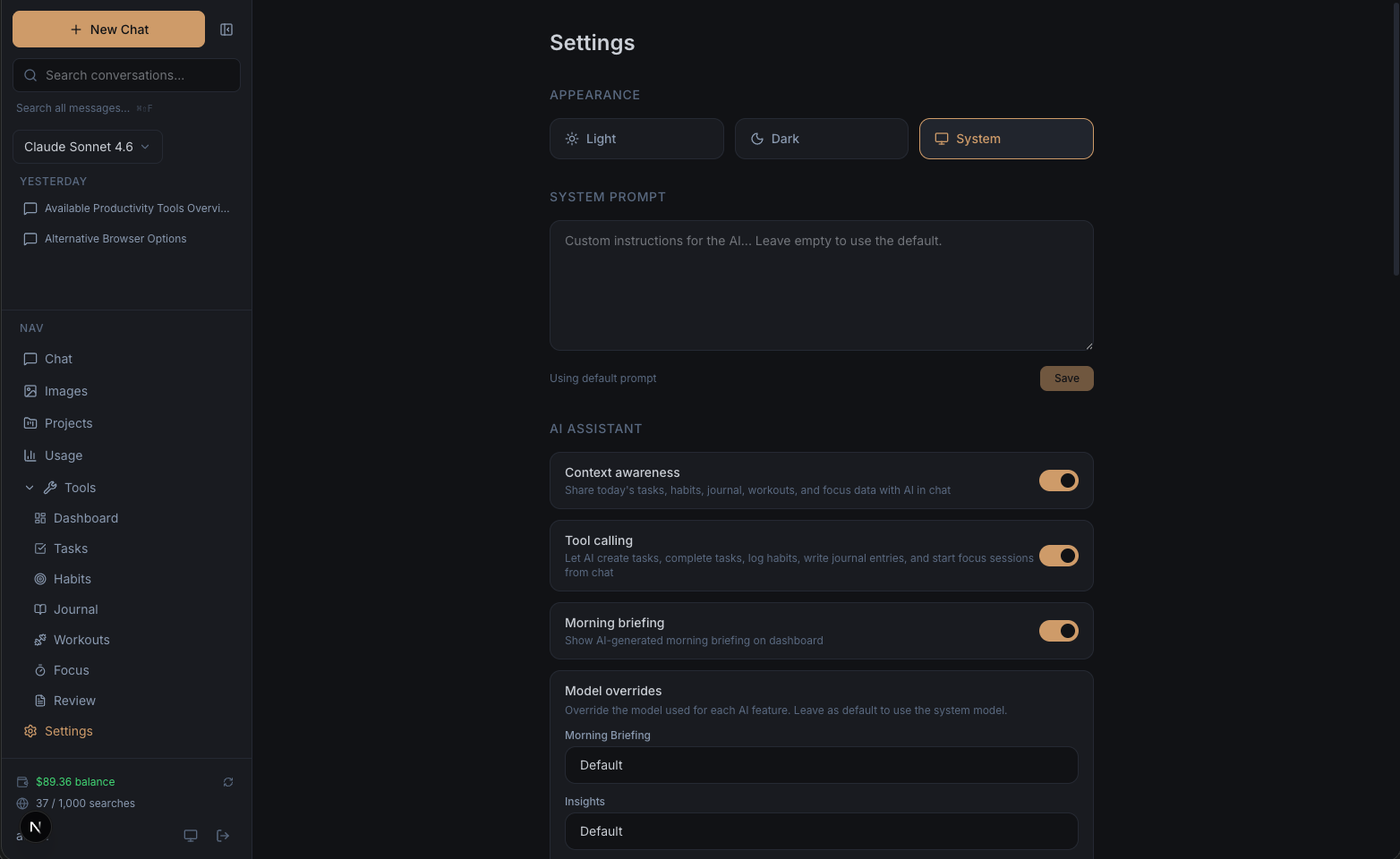 Settings page